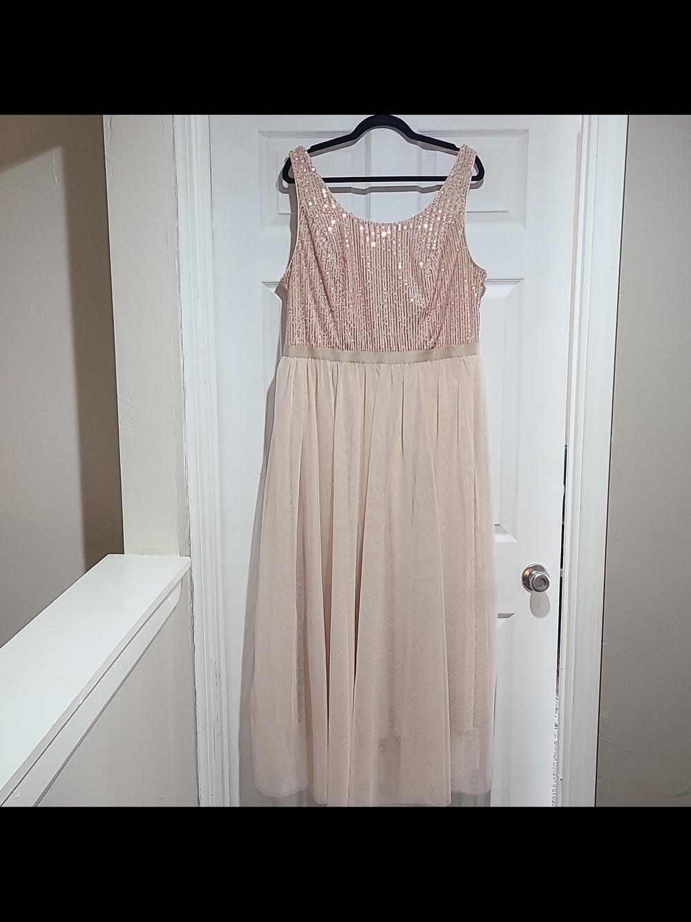 Bery Love Cream/Beige Sequin Tulle A-Line Midi Dress 3XL Sleeveless Scoop Zip